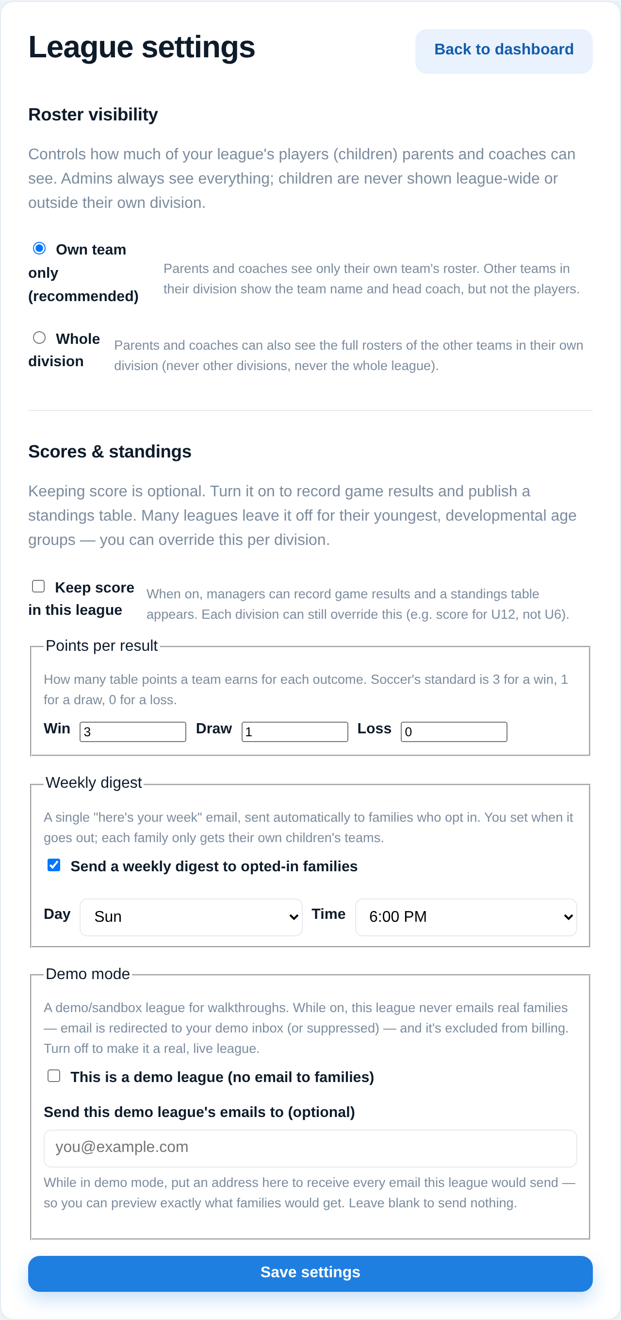 The league settings page