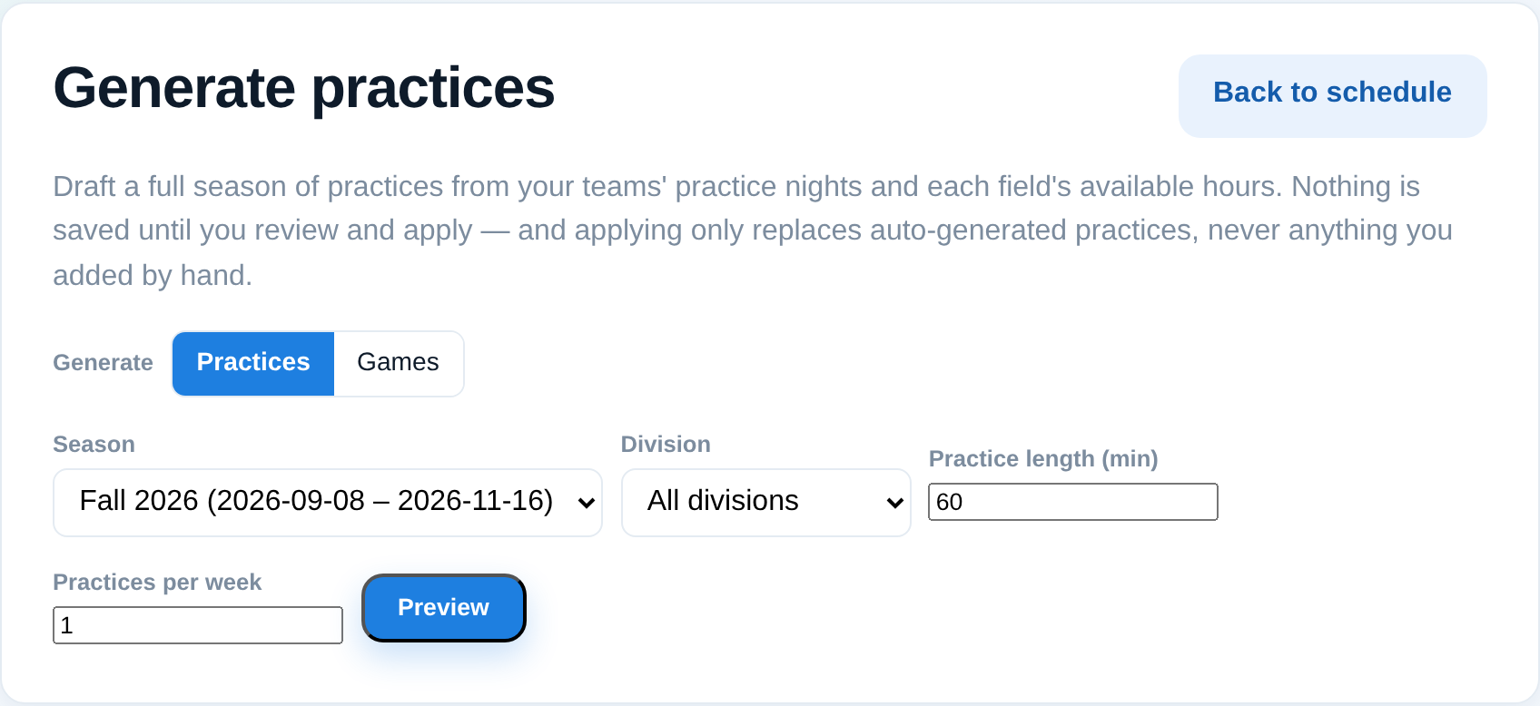 The schedule generator preview, before applying